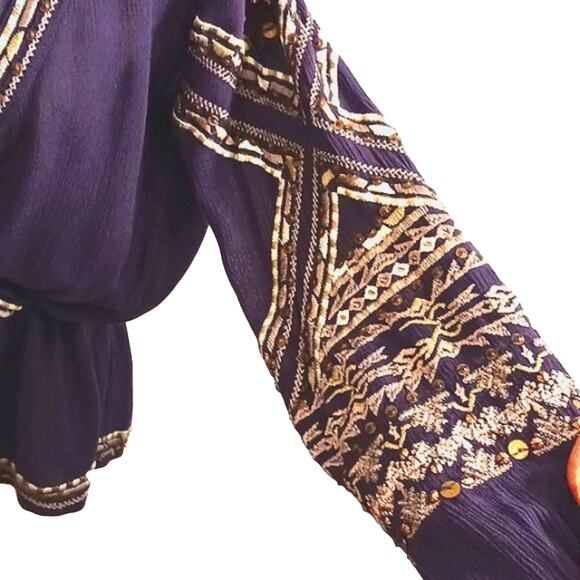 Free People Sequins Blouse Women Sz S Purple  Embroidered Long Puff Sleeves Boho - Picture 2 of 15